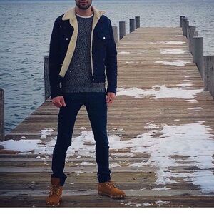 SANDRO Trucker Jacket with Faux Sherpa Lining